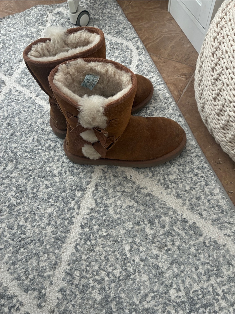 UGG Chestnut Suede Shearling-Lined Short Boots with Bow Detail